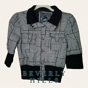 Women’s BEVERLY HILLS FULL ZIP JACKET SHORT SLEEVE SIZE SMALL PLAID‎ BLACK/WHITE